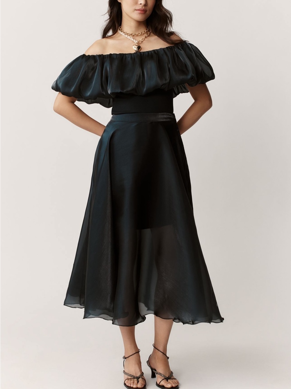 Black A-Line Midi Skirt with Sheer Overlay